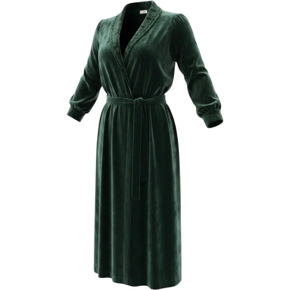 Amanda Stewart Intimates Green Velvet Embroidered Robe Shawl Collar Small 18251